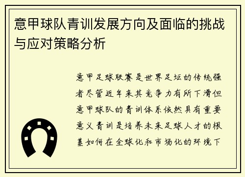 意甲球队青训发展方向及面临的挑战与应对策略分析