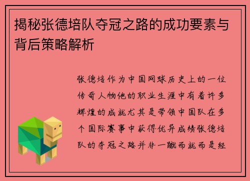 揭秘张德培队夺冠之路的成功要素与背后策略解析